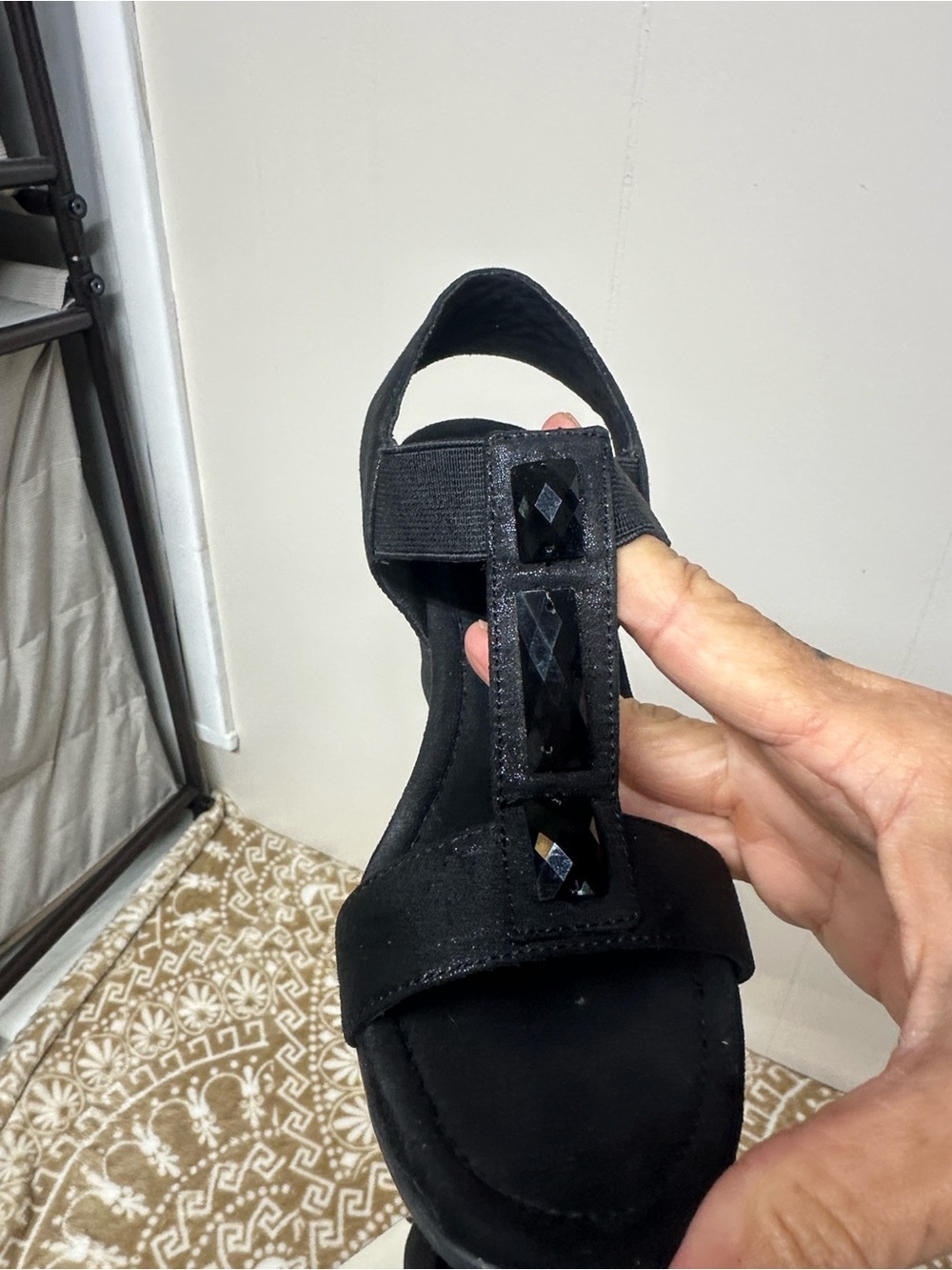 Black Jeweled T-Strap Women's Sandal